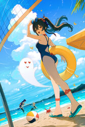  1boy 2girls 95--- :d absurdres adjusting_eyewear aether_(genshin_impact) alternate_costume beach beach_umbrella beach_volleyball bird blonde_hair blue_one-piece_swimsuit blue_sky boo_tao_(genshin_impact) braid breasts brown_hair bug butterfly commentary crab english_commentary eyewear_on_head flip-flops full_body genshin_impact ghost hand_on_eyewear heart heart-shaped_pupils highres holding holding_swim_ring hu_tao_(genshin_impact) innertube kneepits long_braid long_hair looking_at_viewer multiple_girls ocean one-piece_swimsuit outdoors purple_hair raiden_shogun red_eyes sandals sky small_breasts smile sunglasses swim_ring swimsuit symbol-shaped_pupils twintails umbrella volleyball_net yellow_innertube 