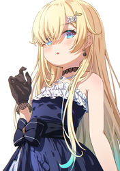  :o aged_down aizawa_ema aizawa_ema_(1st_costume) bare_shoulders black_bow black_gloves black_sash blonde_hair blue_dress blue_eyes blue_hair bow cat_earrings choker criss-cross_halter dress female fishnet_gloves fishnets flower frilled_dress frills gloves gradient_hair hair_flower hair_ornament hair_over_one_eye hairpin halter_dress halterneck highres lace lace_choker lolicon long_hair looking_at_viewer multicolored_hair sash simple_background solo tomotomo_(awai) very_long_hair virtual_youtuber vspo! white_background 