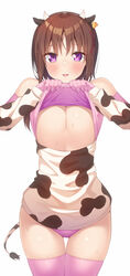  animal_print bare_shoulders blush breasts brown_hair clothes_lift cow_horns cow_print cow_tail detached_sleeves female gloves hagino_chiaki highres hinako_note horns kazuma_(kazumav) large_breasts lifting_own_clothes looking_at_viewer panties pink_eyes pink_gloves pink_panties pink_thighhighs simple_background smile solo tail thighhighs underwear white_background 