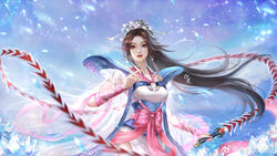  absurdres brown_hair chi_lian_(qinshi_mingyue) cloud cloudy_sky dress earrings female flower highres holding holding_weapon jewelry jiu_bai_1212 long_hair lotus o-ring_dress ocean parted_lips ponytail qinshi_mingyue ribbon sash second-party_source see-through sky snowing solo teeth tiara weapon whip_sword white_dress 