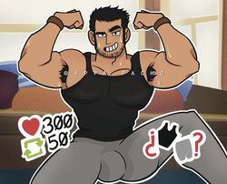  1boy appa_pacho armpit_hair bara beard_stubble black_hair black_tank_top bulge couch double_biceps_pose excessive_armpit_hair facial_hair feet_out_of_frame flexing highres huge_eyebrows indoors large_pectorals like_and_retweet looking_at_viewer lucas_lee male_focus meme muscular muscular_male pants pectorals raised_eyebrow scott_pilgrim_(series) scott_pilgrim_takes_off seductive_smile shirt short_hair sidepec smile solo spread_legs stubble sweat tank_top tight_clothes tight_shirt track_pants twitter_strip_game_(meme) 