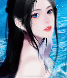  black_hair blue_eyes bu_chi_juzi_dao_tu_ju_mao_pi female from_side long_hair one-piece_swimsuit parted_lips partially_submerged portrait qinshi_mingyue realistic single-shoulder_one-piece_swimsuit sketchbook solo splashing swimsuit tongue water waves white_one-piece_swimsuit yanling_ji_(qinshi_mingyue) 