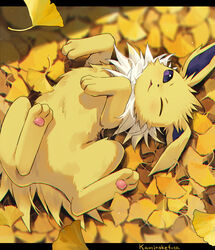  artist_name autumn_leaves falling_leaves highres jolteon kaminokefusa leaf looking_at_viewer lying no_humans on_back on_leaf one_eye_closed pokemon pokemon_(creature) solo 