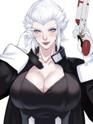  ai-assisted breasts cleavage female final_fantasy final_fantasy_xiv gloves grey_eyes gun hair_slicked_back holding holding_gun holding_weapon huge_breasts jamjamstyle lips looking_at_viewer merlwyb_bloefhiswyn pale_skin roegadyn short_hair solo upper_body weapon white_background white_gloves white_hair 