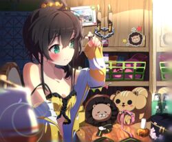  absurdres ahoge ama_rei aqua_eyes bare_shoulders blush breasts brown_hair camisole chains commentary_request ebi_frion_(natsuiro_matsuri) female hair_ornament hair_scrunchie highres hololive indoors jacket lock long_hair long_sleeves looking_to_the_side matsurisu natsuiro_matsuri natsuiro_matsuri_(matsuri&#039;s_day_off) off_shoulder official_alternate_costume padlock pinstripe_camisole pinstripe_pattern scrunchie side_ponytail sitting small_breasts solo spaghetti_strap strap_slip striped_clothes striped_jacket stuffed_toy virtual_youtuber yellow_camisole 