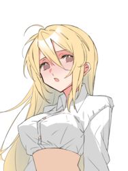  ahoge bai_chenxiang_(douluo_dalu) blonde_hair blush breasts buttons collared_shirt covered_nipples douluo_dalu female grey_eyes highres long_hair long_sleeves medium_breasts open_mouth shirt solo upper_body white_background ye_xu_zhengzai_yanglao_zhong 