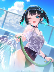  ;d artist_name black_hair black_one-piece_swimsuit blue_eyes blue_sky chain-link_fence cloud commission covered_navel empty_pool female fence hair_ornament higashikata_kou highres holding holding_hose hose indie_virtual_youtuber light_blush looking_at_viewer mole mole_under_eye musical_note musical_note_hair_ornament o-ring_collar one-piece_swimsuit one_eye_closed open_mouth outdoors pixiv_id pool railing see-through shirt short_hair short_sleeves sky smile solo spraying summer swimsuit swimsuit_under_clothes t-shirt teeth tied_shirt twintails twitter_username upper_teeth_only virtual_youtuber water wet wet_clothes wet_shirt white_shirt wing_tung wristband 