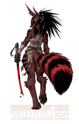  anthro bare_shoulders barefoot belt blood blood_on_sword blood_on_weapon bodily_fluids canid canine clothed clothing digitigrade ear_piercing ear_ring feet female fox fur hair hi_res holding_melee_weapon holding_object holding_sword holding_weapon idw_publishing logo mammal markings melee_weapon mooncalfe ninjara_(tmnt) no_underwear official_art pawpads piercing rear_view red_eyes ring_piercing simple_background simple_clothing solo spiky_hair striped_arm striped_arms striped_body striped_fur striped_leg striped_legs striped_markings striped_tail stripes sword tail tail_markings teenage_mutant_ninja_turtles teenage_mutant_ninja_turtles_adventures torn_clothing umeko_(tmnt) walking walking_away weapon white_background wristwear 