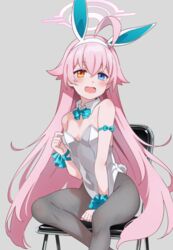  alternate_costume animal_ears aqua_bow aqua_bowtie bare_shoulders blue_archive blue_eyes blush bow bowtie chair collar commentary_request detached_collar fake_animal_ears female flat_chest folding_chair grey_background grey_pantyhose hair_between_eyes hair_flaps halo heterochromia highres hoshino_(blue_archive) kawakami_shuuichi leotard long_hair long_sleeves oerba_yun_fang on_chair open_mouth pantyhose pink_hair pink_halo playboy_bunny rabbit_ears simple_background sitting skin_fang solo strapless strapless_leotard white_collar white_leotard wrist_bow yellow_eyes 