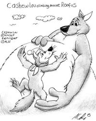  3_toes 4_fingers aldi anthro belly big_belly black_nose canid canine canis cashew_lou climbing clothing cloud duo english_text feet fingers fur graphite_(artwork) greyscale hat headgear headwear kangaroo larger_anthro larger_male looking_at_another low-angle_view macro macropod male mammal marsupial monochrome overweight overweight_anthro overweight_male pencil_(artwork) roofus_(aldi) scarf signature size_difference sky text toes toony traditional_media_(artwork) wolf 