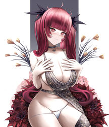  adapted_costume azur_lane backless_dress backless_outfit bare_shoulders black_choker breasts choker cleavage cosplay dress evening_gown female flower halter_dress halterneck hands_on_own_chest highres honolulu_(azur_lane) kainines large_breasts long_hair official_alternate_costume panties plunging_neckline red_eyes red_flower red_hair revealing_clothes silver_dress simple_background sitting solo st._louis_(azur_lane) st._louis_(azur_lane)_(cosplay) st._louis_(luxurious_wheels)_(azur_lane) underwear very_long_hair white_panties 