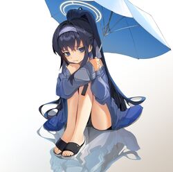  absurdres bags_under_eyes bikini black_bikini black_hair blue_archive blue_jacket blue_umbrella female frown hair_between_eyes hair_intakes hairband halo highres holding holding_umbrella jacket knees_up long_hair long_sleeves looking_at_viewer official_alternate_costume official_alternate_hairstyle open_mouth ponytail purple_eyes purple_hairband reflective_floor simple_background sitting slippers solo swimsuit ui_(blue_archive) ui_(swimsuit)_(blue_archive) umbrella very_long_hair wavy_mouth white_background white_halo yuhezi 