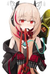  absurdres animal_ear_fluff animal_ears bare_shoulders black_jacket closed_mouth commission dinergate_(girls&#039;_frontline) drawn_ears female gamryous girls&#039;_frontline hair_between_eyes highres hood hood_down hooded_jacket jacket leash leash_in_mouth light_brown_hair looking_at_viewer m4_sopmod_ii_(girls&#039;_frontline) m4_sopmod_ii_(mod3)_(girls&#039;_frontline) mouth_hold multicolored_hair off_shoulder open_clothes open_jacket red_eyes red_hair simple_background streaked_hair upper_body white_background 