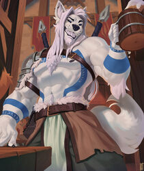  2023 anthro areola blue_body blue_fur bottomwear canid canine canis clothing container cup fur hair hi_res holding_container holding_cup holding_object looking_away male mammal muscular muscular_anthro muscular_male pants pyro29 sinsquared solo tail tavern weapon white_body white_fur wolf 