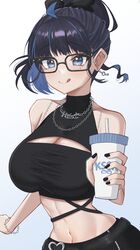  :q absurdres ahoge bare_shoulders bead_bracelet beads belt black-framed_eyewear black_belt black_hair black_pants black_shirt blue_eyes blue_hair bracelet breasts chain_necklace chains character_name cleavage cleavage_cutout clothing_cutout colored_inner_hair crop_top cup disposable_cup earrings female glasses high_ponytail highres holding holding_cup jewelry kson kson_(6th_costume) large_breasts midriff multicolored_hair narrow_waist navel necklace nyu-tan94 official_alternate_costume pants shirt short_hair simple_background solo stomach streaked_hair stud_earrings tongue tongue_out turtleneck virtual_youtuber vshojo white_background 