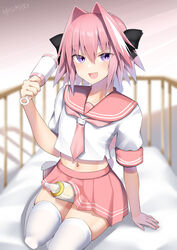  1boy astolfo_(fate) astolfo_(sailor_paladin)_(fate) baby_bottle between_legs blush bottle braid braided_ponytail crop_top cropped_shirt fate/apocrypha fate_(series) highres holding holding_rattle kitajima_yuuki long_hair looking_at_viewer male_focus navel necktie oerba_yun_fang otoko_no_ko pink_hair pink_necktie pink_sailor_collar pink_skirt purple_eyes rattle sailor_collar shirt skin_fang skirt smile solo thighhighs white_hair white_shirt white_thighhighs 