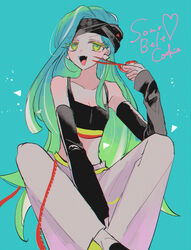  aqua_eyes character_name cookie_run crop_top detached_sleeves female green_eyes happy highres humanization long_hair mamimumemo multicolored_hair open_mouth panties pants personification scissors shirt sleeveless sleeveless_shirt smile solo sour_belt_cookie spaghetti_strap two-tone_hair underwear white_pants 