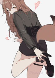  arknights black_footwear black_shirt black_skirt blush brown_hair female fox_girl fox_tail franka_(arknights) from_behind heart high_heels leg_up long_hair long_sleeves looking_at_viewer looking_back see-through see-through_shirt shirt shirt_tucked_in simple_background skirt smile solo tail tail_through_clothes tsuyuki_yuki twitter_username v white_background yellow_eyes 