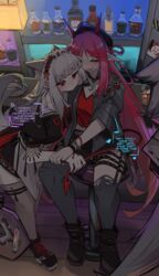  2girls absurdres alcohol animal_ears arknights bar_(place) biting_shoulder black_dress black_footwear black_headwear black_skirt blush boots bottle closed_eyes dress drunk english_text extra_ears fox_ears fox_girl fox_tail frostleaf_(arknights) grey_hair grey_jacket hat heart highres indoors jacket lamp long_hair maid multiple_girls open_clothes open_jacket open_mouth pointy_ears red_eyes red_hair red_shirt shirt sitting skirt tail thighhighs togekk0 torn_clothes torn_thighhighs very_long_hair vigna_(arknights) yuri 