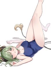  alternate_costume barefoot blue_eyes blue_one-piece_swimsuit blush breasts brown_horns cleavage commentary_request curled_horns demon_girl demon_horns demon_tail female foot_up full_body half-closed_eyes highres horns kicking knee_up large_breasts leg_up legs looking_at_viewer lying medium_bangs nanashi_inc. on_back one-piece_swimsuit open_mouth sekishiro_mico shiny_skin simple_background smile solo swimsuit tail tamotsu_(mary) virtual_youtuber white_background 