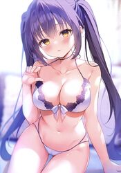  absurdres arm_support ass_visible_through_thighs bare_arms blurry blurry_background blush bra breasts cleavage female hair_between_eyes highres lace-trimmed_bra lace_trim long_hair looking_at_viewer medium_breasts nanohana_kohina navel non-web_source original panties purple_hair sidelocks sitting solo swimsuit thighs tongue tongue_out twintails underwear very_long_hair white_bra white_panties yellow_eyes 