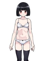  akemiho_tabi_nikki bare_arms bare_shoulders black_hair black_thighhighs blunt_bangs blunt_ends blush bob_cut bow bow_bra bow_panties bra breasts closed_mouth collarbone feet_out_of_frame female fukube_tamaki gendai_ninjakko_zukan highres kouno_hikaru looking_at_viewer panties red_eyes short_hair simple_background small_breasts solo standing thighhighs underwear underwear_only white_background white_bra white_panties 