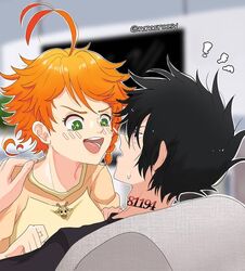  +_+ 1boy ahoge black_eyes black_hair black_shirt emma_(yakusoku_no_neverland) female green_eyes nanacroosy neck_tattoo number_tattoo open_mouth orange_hair orange_shirt ray_(yakusoku_no_neverland) shirt source_request tattoo teeth tongue yakusoku_no_neverland 