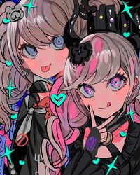  2girls :p :q absurdres bear_hair_ornament black_crown_(object) black_flower black_horns blue_eyes blush blush_stickers braid breasts brown_hair commentary crossover crown danganronpa:_trigger_happy_havoc danganronpa_(series) enoshima_junko fingerless_gloves flower gloves hair_flower hair_ornament heart highres horns long_hair master_detective_archives:_rain_code medium_breasts momae_makku multiple_girls nail_polish necktie pink_hair shinigami_(rain_code) smile tongue tongue_out twin_braids twintails upper_body 