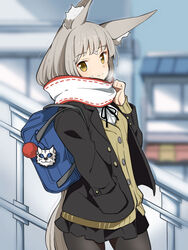  alternate_costume animal_ears bag black_pantyhose black_skirt black_vest blue_bag blurry blurry_background breath cardigan cat_ears dromarch_(xenoblade) enpera facial_mark female grey_hair hand_in_pocket highena highres long_hair long_sleeves looking_at_viewer low_ponytail miniskirt neckerchief nia_(blade)_(xenoblade) nia_(xenoblade) outdoors pantyhose pleated_skirt scarf shirt shoulder_bag skirt smile solo strap very_long_hair vest white_scarf xenoblade_chronicles_(series) xenoblade_chronicles_2 yellow_cardigan yellow_eyes 