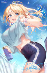  ayase_eli bike_shorts blonde_hair blue_eyes blue_shirt bottle bra bra_peek breasts clothes_lift commentary_request dated female floating_hair flying_sweatdrops from_below from_side hair_ornament hair_scrunchie highres hozumi_kaoru large_breasts leaning_forward light_blush linea_alba long_hair looking_at_viewer love_live! love_live!_school_idol_project midriff_peek navel outdoors ponytail scrunchie shirt shirt_lift short_shorts shorts signature sky solo stomach sunlight sweat swept_bangs tareme underwear water_bottle water_drop wristband 