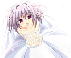  :d bare_shoulders blush bouquet bridal_veil collarbone commentary_request dress eyes_visible_through_hair female flower from_above grey_hair hair_between_eyes hair_intakes hair_ribbon happy hapymaher holding holding_bouquet korokoro_cat looking_at_viewer medium_hair naitou_maia oerba_yun_fang open_mouth red_eyes ribbon rose simple_background smile solo strapless strapless_dress two_side_up veil wedding_dress white_background white_dress white_flower white_ribbon white_rose 