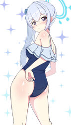  absurdres ass bare_legs bare_shoulders blue_archive blue_halo blue_one-piece_swimsuit blush breasts closed_mouth feet_out_of_frame female frilled_one-piece_swimsuit frills grey_hair halo highres long_hair miyako_(blue_archive) miyako_(swimsuit)_(blue_archive) off-shoulder_one-piece_swimsuit off_shoulder official_alternate_costume omurainu one-piece_swimsuit ponytail purple_eyes small_breasts solo swimsuit white_background 