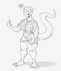  2022 anthro black_and_white blush bottomwear clothing cutoffs denim denim_bottomwear denim_clothing dress_shirt eyelashes feet female fingers hi_res lizard long_tail mhdrawin midriff monochrome open_mouth open_smile reptile saraza_(mhdrawin) scalie shirt shorts smile solo sparkler tail teeth tied_shirt toes topwear 