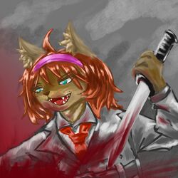  1:1 accessory anthro aquamarinecd belt blood bodily_fluids brown_hair clothed clothing coat dagger felid feline female hair hair_accessory hairband hi_res leopard_cat mammal melee_weapon necktie prionailurus simple_background solo suit topwear trenchcoat weapon 