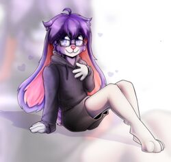  anthro black_clothing bottomwear clothing deraniel eyewear fur glasses hair heart_symbol hoodie lagomorph leporid looking_at_viewer male mammal multicolored_body multicolored_fur purple_body purple_eyes purple_fur purple_hair rabbit relaxing shorts sitting smile solo thistle_(thistlebunny) topwear white_body white_fur 