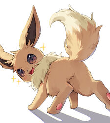  brown_eyes eevee highres kaminokefusa looking_at_viewer no_humans open_mouth pokemon pokemon_(creature) shadow simple_background solo sparkle tail white_background 