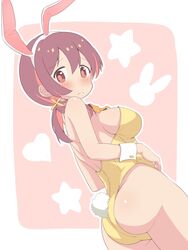  animal_ears ass bare_shoulders blush bow bowtie breasts brown_eyes brown_hair detached_collar fake_animal_ears female hair_ornament hands_on_own_stomach highres large_breasts long_hair looking_at_viewer looking_back low_twintails murosaki_miyo onii-chan_wa_oshimai! playboy_bunny rabbit_ears rabbit_tail sideboob solo tail twintails unkimo wrist_cuffs 