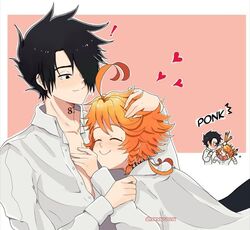  &gt;_&lt; 1boy black_eyes black_hair braid closed_eyes closed_mouth emma_(yakusoku_no_neverland) female hair_over_one_eye nanacroosy orange_hair ray_(yakusoku_no_neverland) shirt short_hair smile twitter_username white_shirt yakusoku_no_neverland 