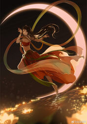  anklet artist_request barefoot bracelet brown_hair crescent_moon dancer earrings female floating_hair from_side hagoromo highres jewelry leg_up long_hair lotus_lantern moon night qinshi_mingyue red_skirt red_tube_top second-party_source shawl skirt solo strapless tube_top walking walking_on_liquid water yanling_ji_(qinshi_mingyue) 