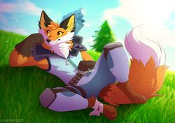  2023 anthro canid canine clothed clothing digital_media_(artwork) dipstick_tail epic_games feet fennix_(fortnite) fortnite fox fur gloves grass handwear hi_res jumpsuit knee_pads leo-wolf lying lying_on_grass lying_on_ground male mammal markings on_back on_ground orange_body orange_eyes orange_fur outside plant red_fox solo tail tail_markings true_fox tuft yellow_sclera 