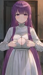  blunt_bangs blush breasts button_gap cleavage dress female fern_(sousou_no_frieren) highres large_breasts long_hair long_sleeves looking_at_viewer purple_eyes purple_hair sidelocks solo sonchi sousou_no_frieren thighs white_dress 