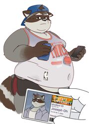  2023 absurd_res anthro belly big_belly bottomwear can cellphone clothing container duo electronics english_text hat headgear headwear hi_res humanoid_hands jamiephut kemono male mammal overweight overweight_male phone procyonid raccoon shirt shorts smartphone solo_focus text topwear 