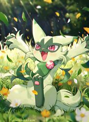  arms_up artist_name blurry blurry_background blurry_foreground day depth_of_field falling_leaves falling_petals floragato flower furry grass highres kaminokefusa leaf open_mouth outdoors petals pink_eyes pokemon pokemon_(creature) sitting solo white_flower yellow_flower 