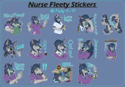  absurd_res anthro beads brace canid canine canis clothing english_text eyewear fangs female fleety_(artist) fleety_(character) glasses hair_beads herm_(lore) hi_res horn mammal mohawk moods nurse nurse_clothing nurse_fleety_(character) nurse_uniform piercing red_eyes scar scrubs sticker teeth text uniform valkwulf wolf 