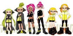  3boys 3girls agent_3_(splatoon) agent_4_(splatoon) agent_8_(splatoon) anklet behind-the-head_headphones bike_shorts black_footwear black_jacket black_leggings black_pants black_shirt black_shorts black_skirt blonde_hair boots breasts cape closed_eyes closed_mouth colored_tongue commentary_request crop_top crossed_arms dark-skinned_female dark-skinned_male dark_skin fangs full_body green_hair grey_cape grey_eyes groin hair_ornament hair_scrunchie half-closed_eyes hands_on_own_hips headphones high-visibility_clothing high-visibility_vest inkling jacket jewelry leggings leggings_under_shorts long_hair long_sleeves looking_at_viewer medium_breasts medium_hair midriff miniskirt multicolored_scrunchie multiple_boys multiple_girls navel octoling open_mouth orange_eyes pants parted_bangs parted_lips pencil_skirt pink_hair scrunchie shirt shorts simple_background single_bare_shoulder single_sleeve skirt smile splatoon_(series) splatoon_2 squidbeak_splatoon standing tentacle_hair thigh_strap topknot torn_cape torn_clothes twintails very_long_hair white_background wristband yellow_jacket yellow_tongue yeneny zipper zipper_pull_tab 