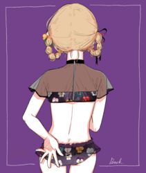  ass bikini blonde_hair braid braided_hair_rings facing_away female floral_print flower hair_flower hair_ornament hair_ribbon original pinkxxxna print_bikini purple_background ribbon simple_background solo swimsuit thigh_gap zipper zipper_pull_tab 