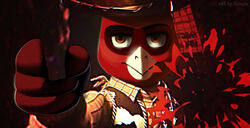  anthro avian avio_(avioylin) avioylin beak blood bodily_fluids cinematic close-up clothing cowboy cowboy_hat disney evil_woody_(meme) gesture gun hand_gesture hat headgear headwear looking_at_viewer male meme pixar pointing pointing_at_viewer ranged_weapon solo toy_story weapon 