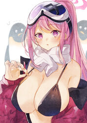  adjusting_clothes adjusting_swimsuit bikini bird black_bikini blue_archive breasts commentary_request eimi_(blue_archive) eimi_(swimsuit)_(blue_archive) female goggles goggles_on_head halo highres jacket large_breasts long_hair looking_at_viewer naoton off_shoulder official_alternate_costume partial_commentary penguin pink_hair pink_halo pink_jacket ponytail purple_eyes scarf sideboob ski_goggles solo swimsuit upper_body white_scarf 