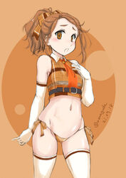  22/7 blush brown_eyes brown_hair collared_shirt commentary_request cowboy_shot cropped_shirt dated elbow_gloves female frown gloves groin hand_on_own_chest highres kono_miyako looking_at_viewer lowleg lowleg_panties medium_hair navel necktie no_pants open_mouth orange_panties panties plaid plaid_shirt ponytail red_necktie shirt side-tie_panties sleeveless sleeveless_shirt solo standing string_panties thighhighs twitter_username underwear wan&#039;yan_aguda white_gloves white_thighhighs wing_collar 