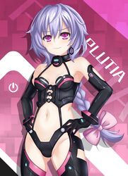  bare_shoulders black_gloves black_thighhighs braid breasts bustier character_name cleavage cosplay cowboy_shot dhiparizky dominatrix earrings elbow_gloves female gloves hair_between_eyes highres iris_heart iris_heart_(cosplay) jewelry kami_jigen_game_neptune_v long_hair looking_at_viewer navel neptune_(series) power_symbol purple_eyes purple_hair pururut self_cosplay single_braid smile solo thighhighs 